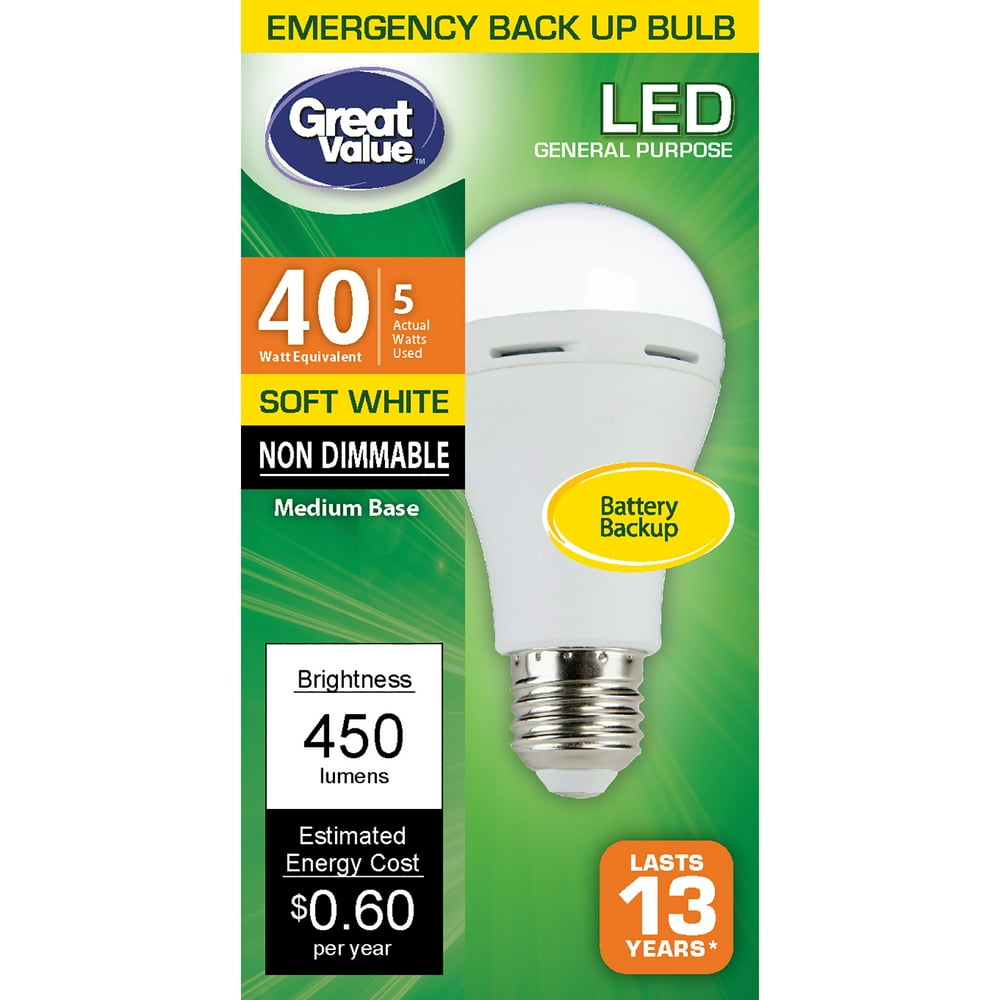 Great Value LED Light Bulb, 5 Watts (40W Eqv.) A19 Battery Backup Lamp