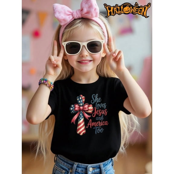 MAWOTEA She Loves Jesus and America Too Novelty Graphic Kid T-Shirt Casual Style With 100% Cotton Fabric,Suitable for Boys And Girls,Size From 3T-13Y,Ideal Gift for Kids