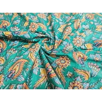 Green Floral Cotton Fabric Indian Hand Block Dressmaking Running Loose Craft Art