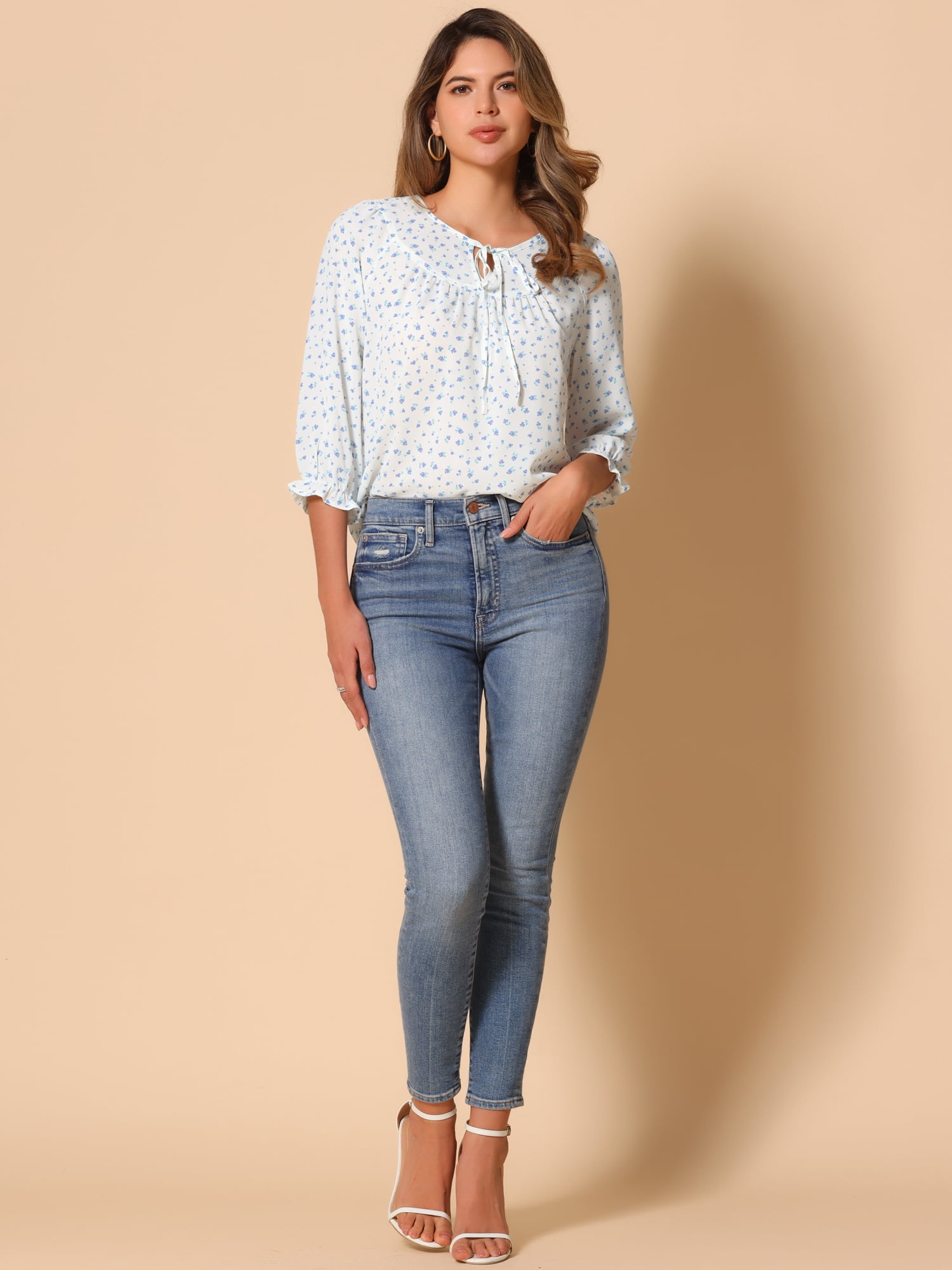 DARING DIVA Tie V Neck Boho Ruffled 3/4 Sleeve Blouses XL White Blue