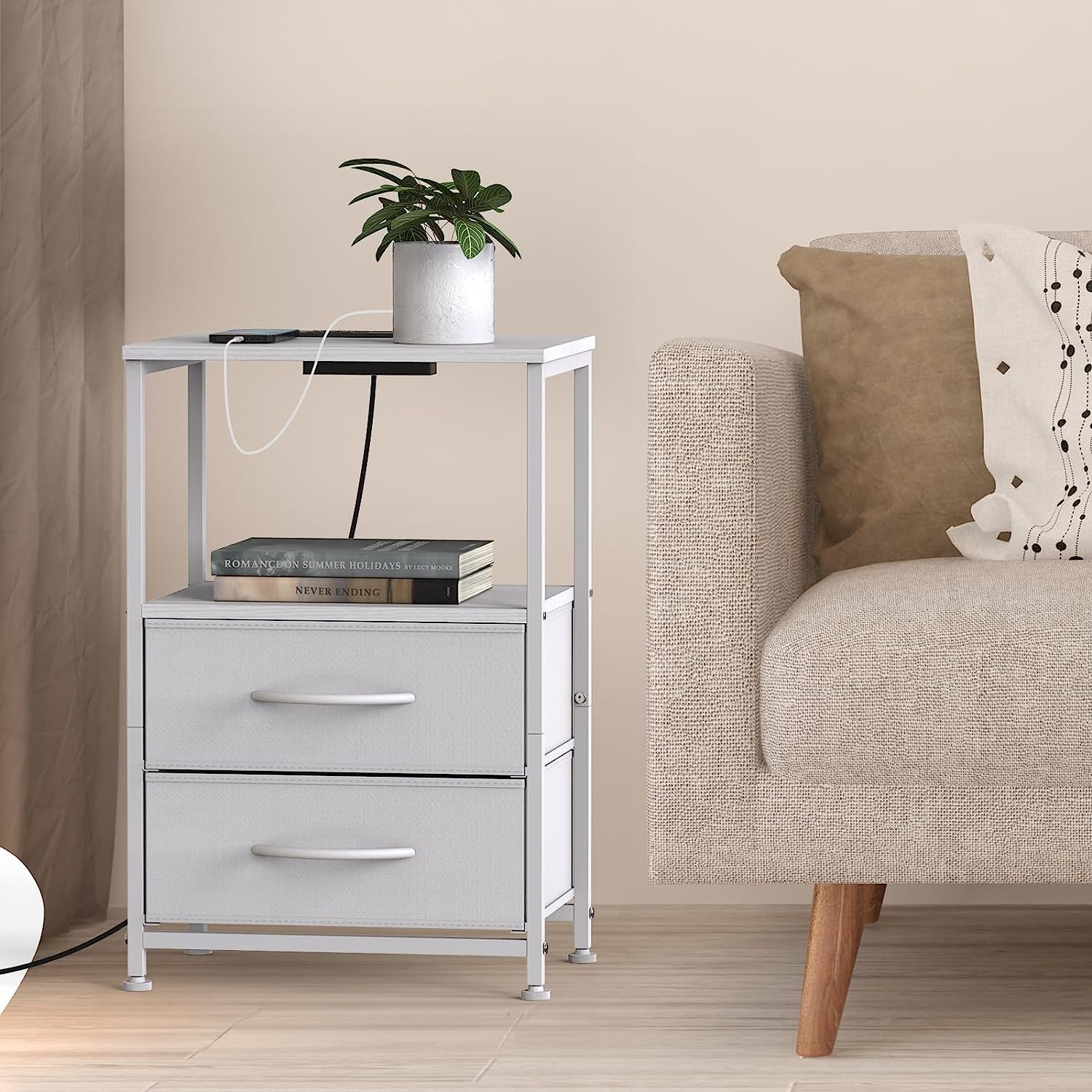 White Nightstand with 2 Fabric Drawers End Table with Charging Station