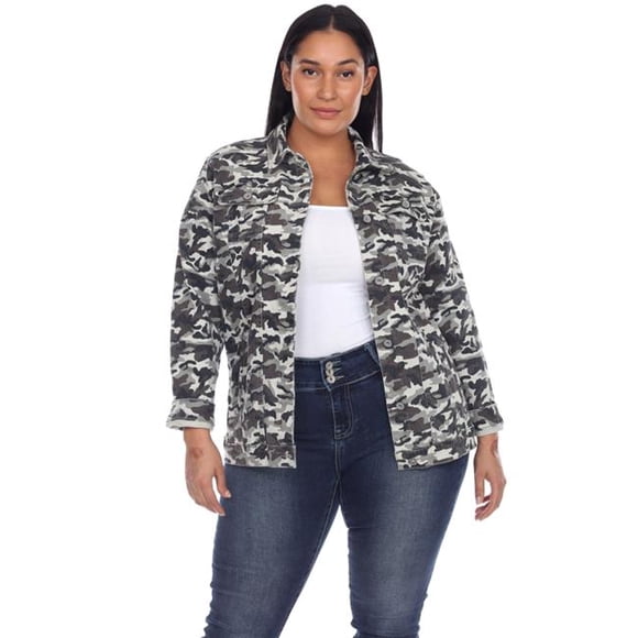 PS8060-01-2X Plus Size Camo Denim Jacket for Women, Gray - 2XL