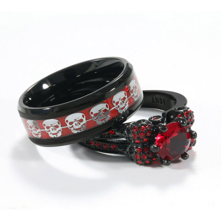 Matching Skull Rings Couple Ring Gold Plated Red 1CT CZ Women Wedding Ring  Set Male Ring