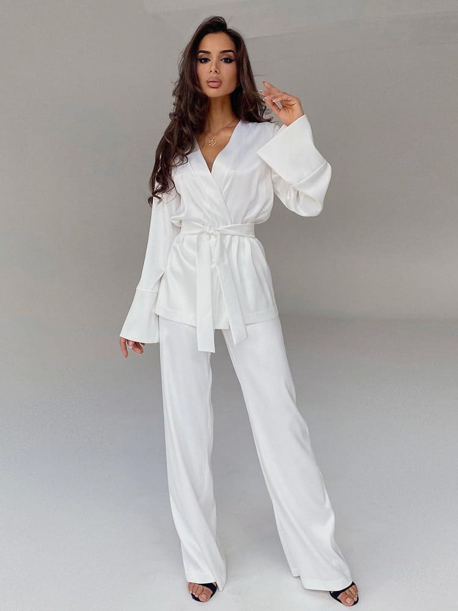 DanceeMangoo Elegant White Trouser Suits Flare Long Sleeves Women Pajama  Home Suit Loose Kimono Robe Sets Satin Pajamas With Pants 2022 