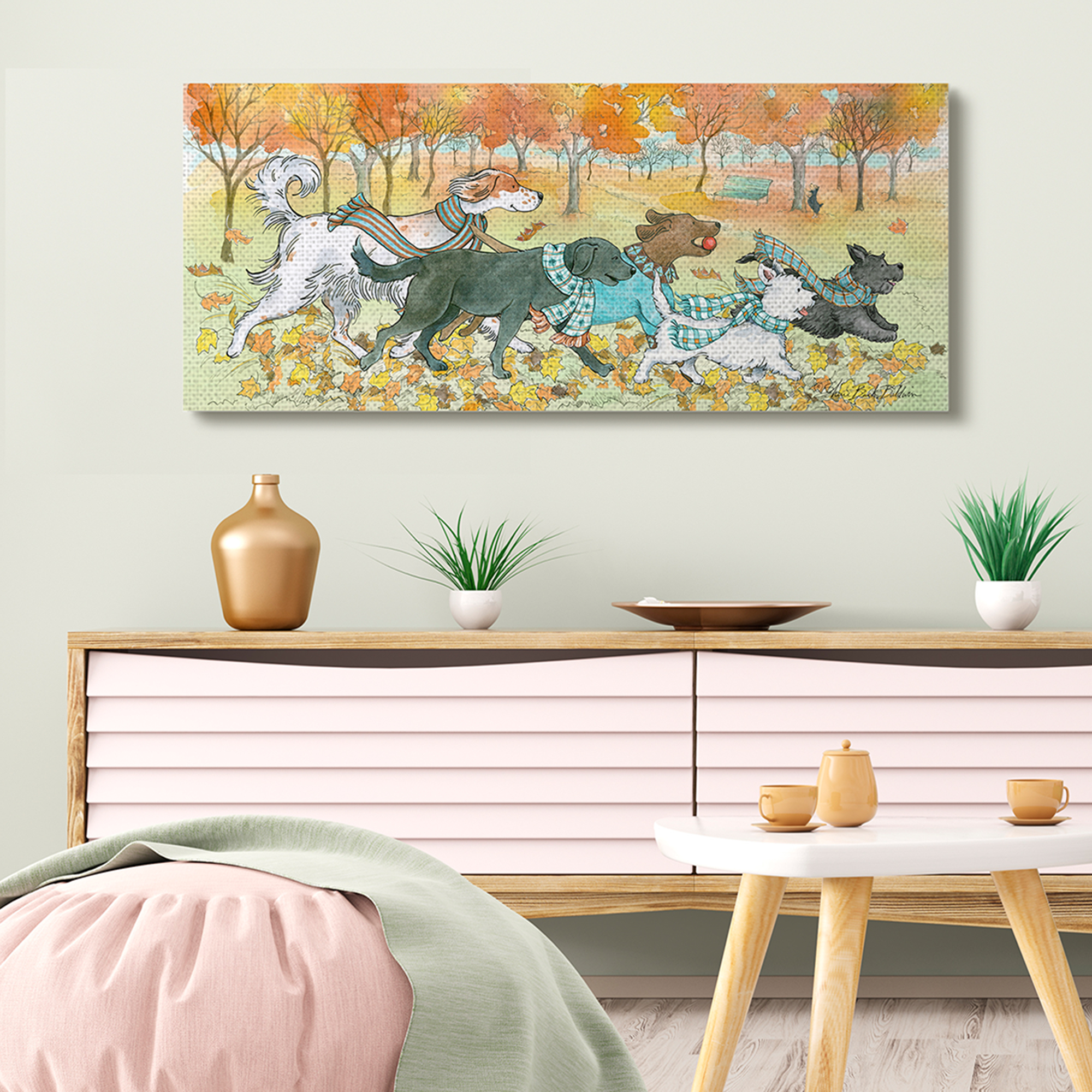 Stupell Industries Dogs Running in Autumn Leaves Fall Animals Animals & Insects Painting Gallery Wrapped Canvas Art Print Wall Art, 20 x 48