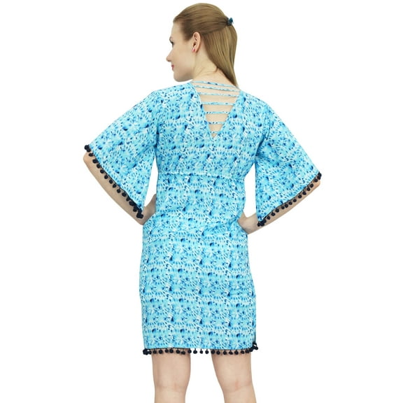 Bimba Light Blue Short Length Printed Women's Beach Dress With Tie Waist Dori - 8