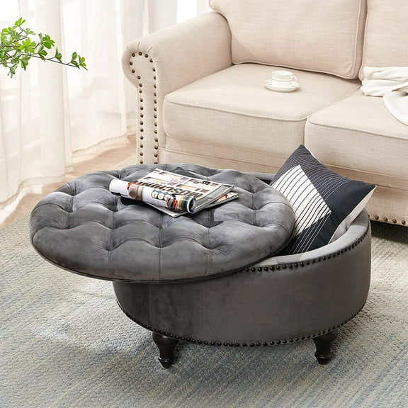 Upholstered 30" Round Storage Button Ottoman, Nail Head Tufted Seating, with Removable Lid Dark Grey
