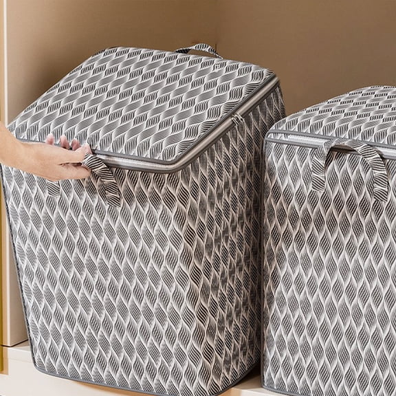 Large Clothes Storage Bag with Zipper – 80L Heavy Duty Cotton Tote for Closet Organization, Moving, Travel, Space Saving Storage for Blankets, Bedding, Seasonal Clothes – Gray Wave Pattern