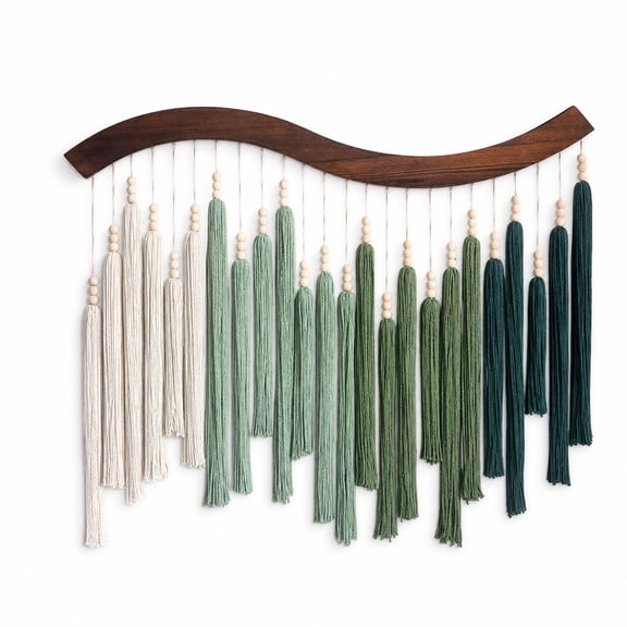 Macrame Wall Hanging, Boho Tapestry Wall Decor with Woven Yarn Tassel Design, Green Dip Dyed Cotton Hanging Art for Bedroom Accent Living Room Above Bed Home Decor, 31.5 X 27.56in