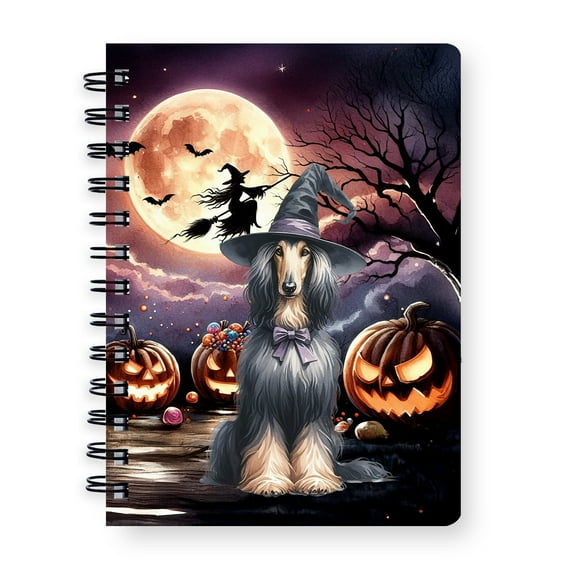 Spooky Halloween Night Witch Afghan Hound Glowing Pumpkins Spiral Bound Journal Dog Lover 5x7in Spiral Notebook - 12015