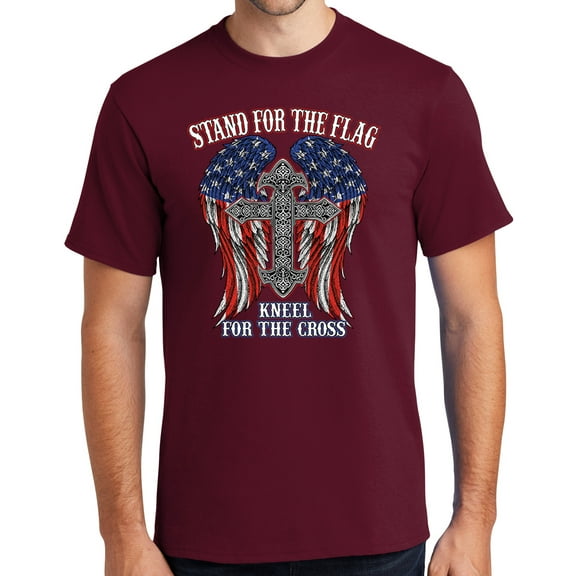 Mens Kneel for the Cross, Stand for the Flag Tee Shirt, Large Cardinal Red