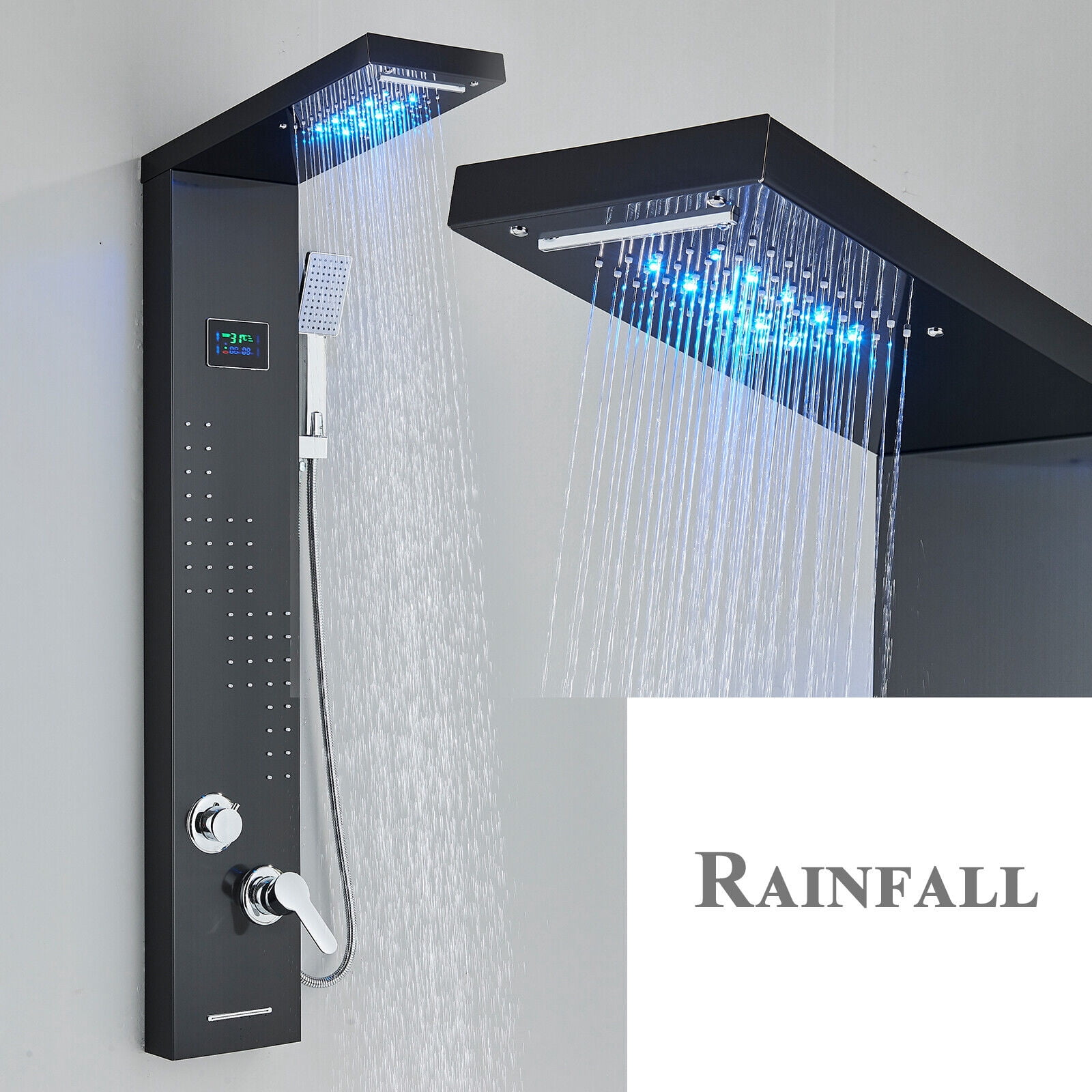 Black LED Shower Panel Tower System Rain&Waterfall Massage Jets Stainless Steel