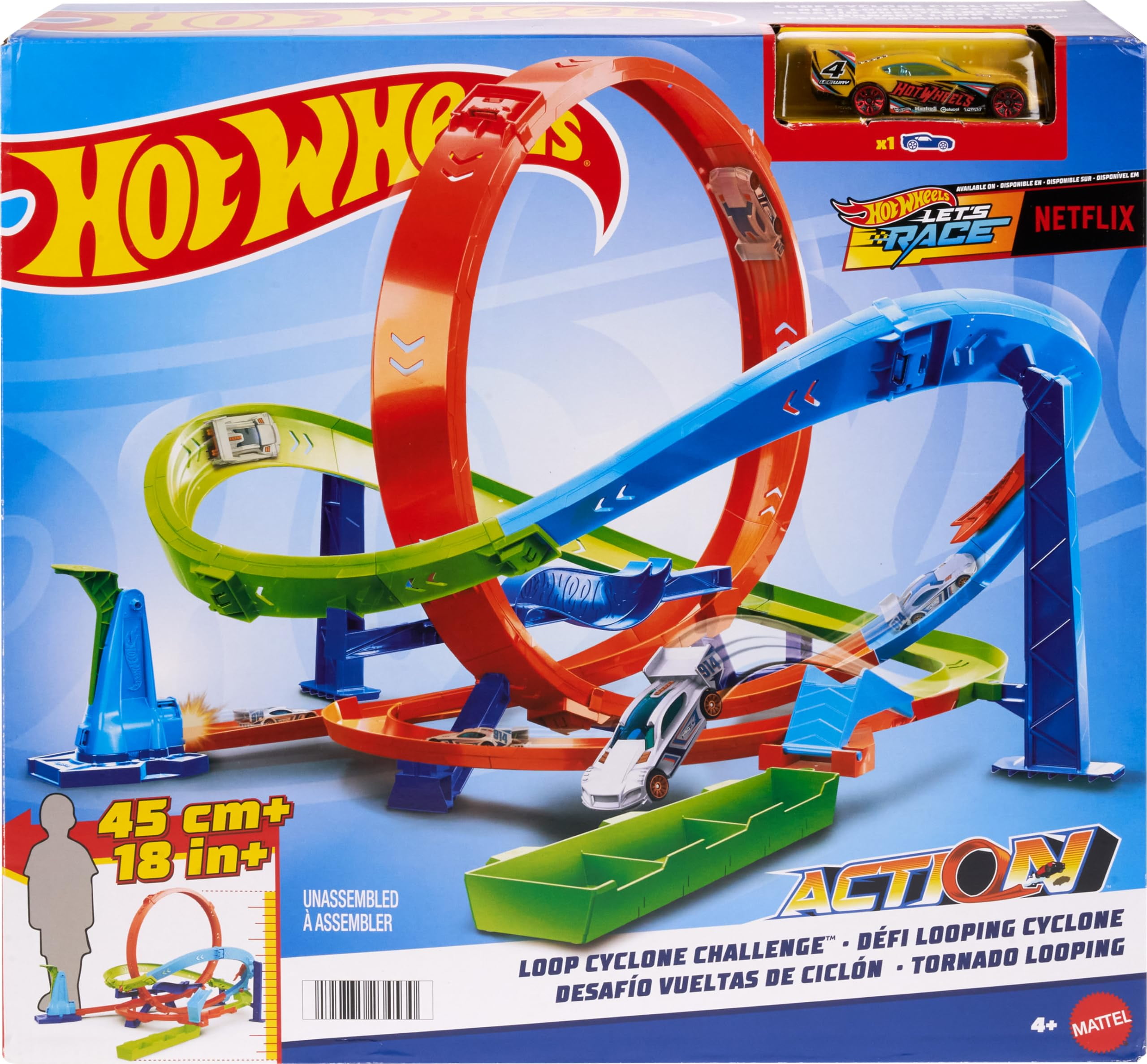 Hot Wheels Toy Car Track Set, Action Loop Cyclone Challenge, 18-in Tall, 2 Ways to Play & Easy Storage, with 1:64 Scale Toy Vehicle