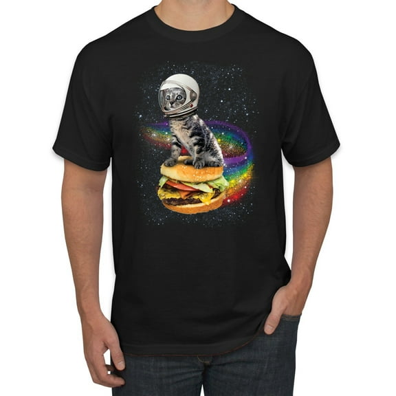 Funny Graphic Astronaut Cat in Space on Cheeseburger | Mens Cat Lover Graphic T-Shirt, Black, Small