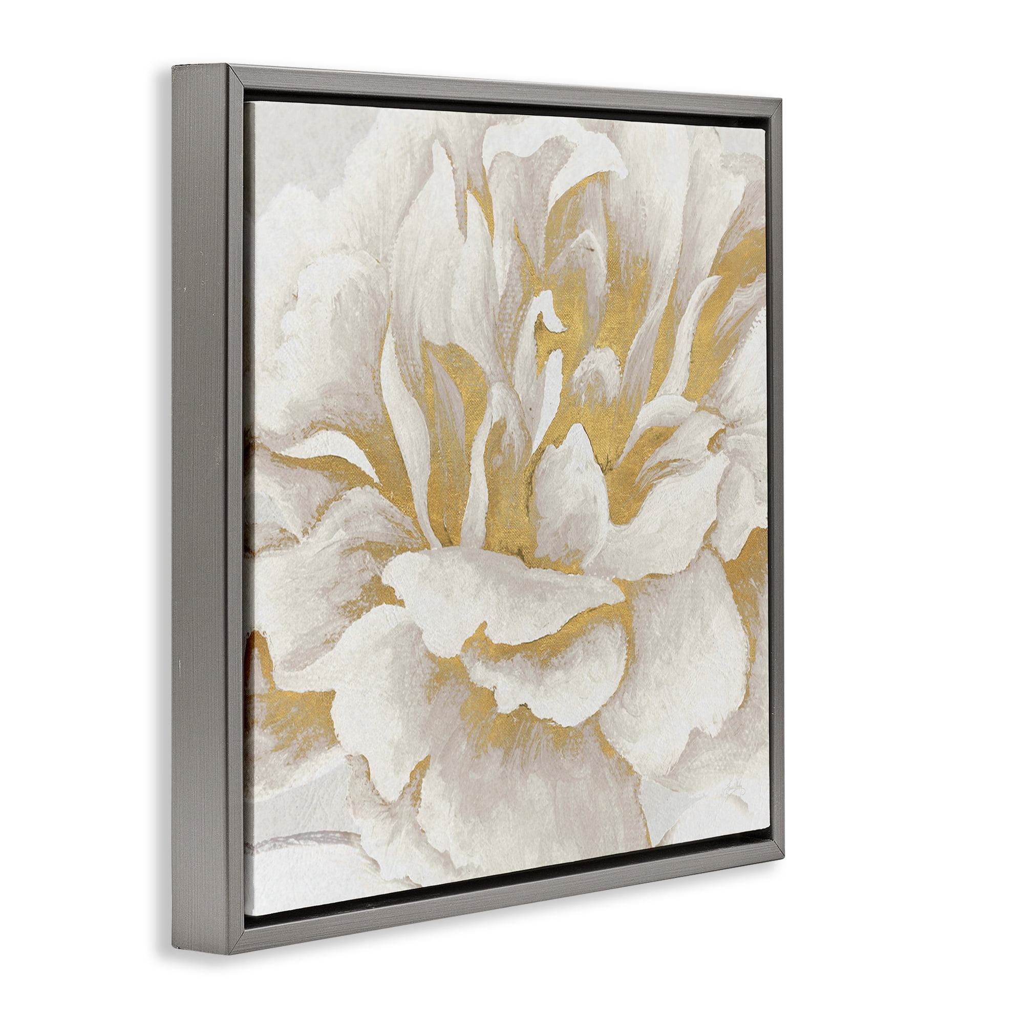 Stupell Industries Gold & White Flower Plants & Flowers Painting Gray Floater Framed Canvas Art Print Wall Art, 25 x 25