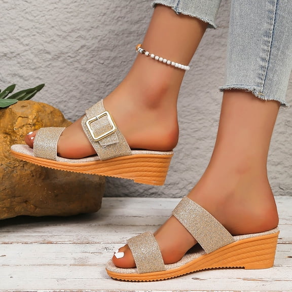 Roncen Women Glitter Slide Sandals with Gold Buckle, Comfortable Ankle Strap Beach Slippers for Summer