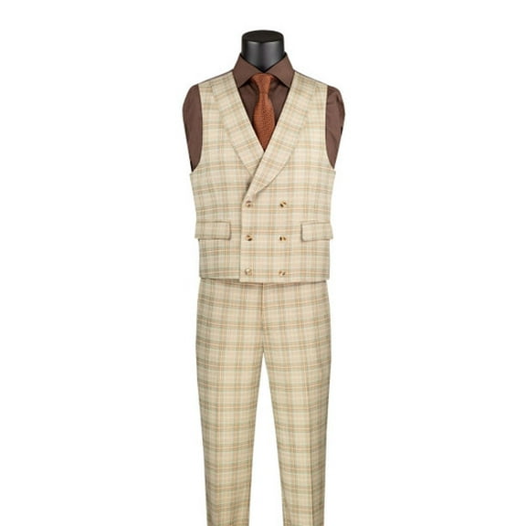 Vinci Men's Khaki Plaid 3 Piece Suit Fancy Vest Modern Fit MV2W-3