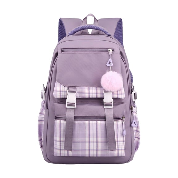 Plaid Patchwork Nylon Backpack with Pendant - Stationery Supplies Organizer for Daily Commute and Travel