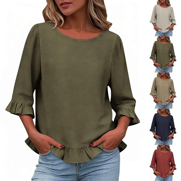 Fancifize Cotton Linen Shirts for Women Puff 3/4 Sleeve Shirt Beach Crew Neck Ruffle Hem Tops Vacation Fashion Summer Outfits
