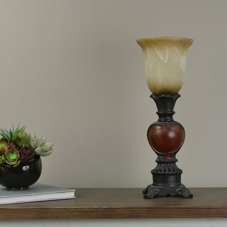 - Aged Bronze Uplight with Deep Red Accent and Soft Biege Glass Shade