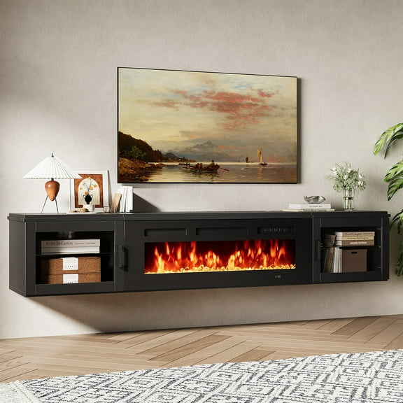 Sonegra Floating Fireplace TV Stand for TVs up 80", Wall Mounted Fireplace Entertainment Center, 70" Console Table with Electric Fireplace, Black