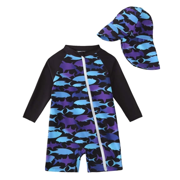 KIMI BEAR Newborn Baby Boys One-piece Swimsuit 0-3 Months Swimwear Full Zipper UPF 50  Sun Protection Shark Print One Piece Bathing Suit Rash Guard and Hat Beachwear Sunsuit Blue