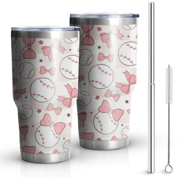 30oz Pink Baseballs with Bows Pattern Tumblers Stainless Steel Tumbler with Lid and Straw,Vacuum Insulated Double Wall Travel Tumbler Cups Mug with Cleaning Brush for Coffee,Tea