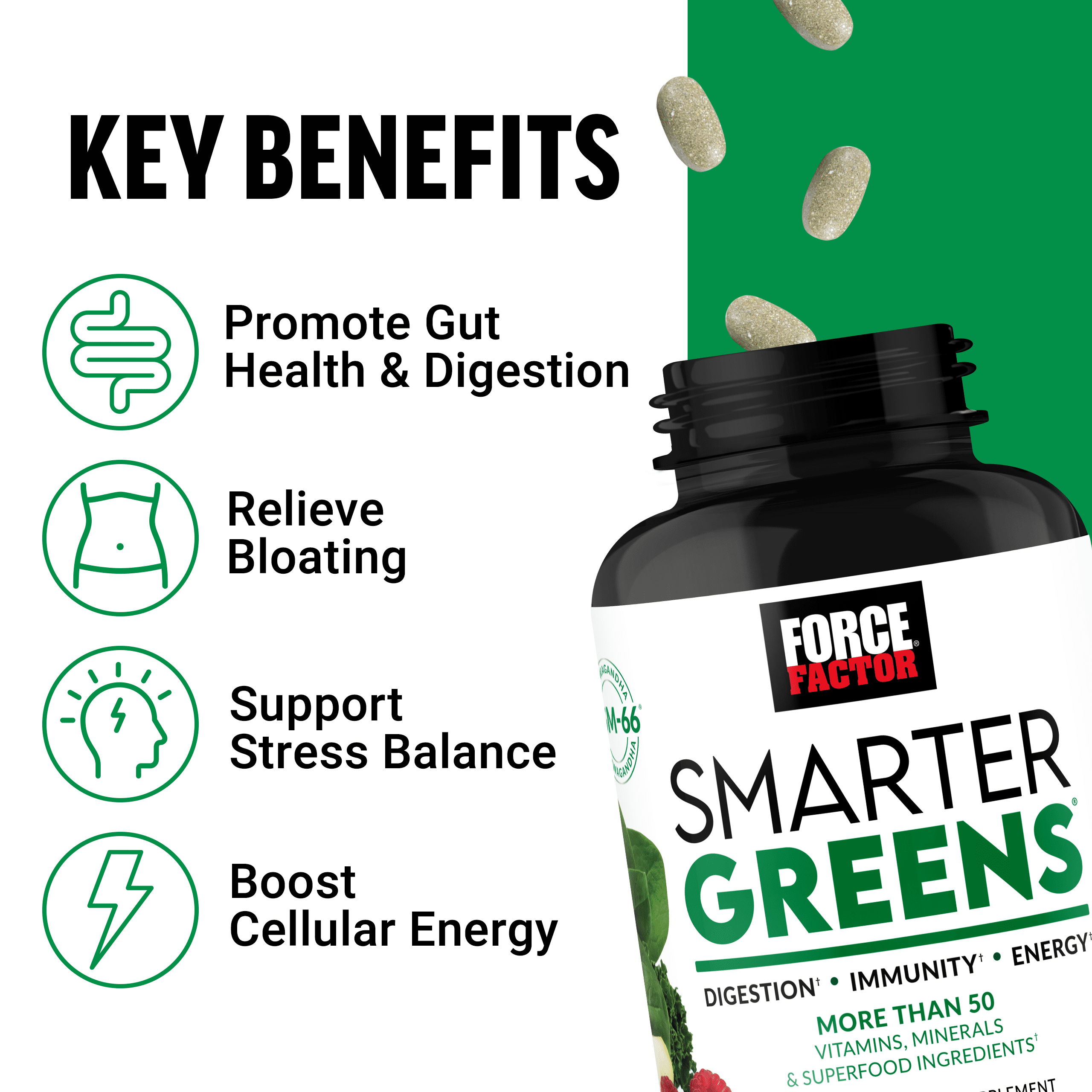 Force Factor Smarter Greens Supplement with Probiotics, KSM-66 Ashwagandha & Antioxidants for Digestion, Gut Health, Bloating & Energy, 90 Tablets
