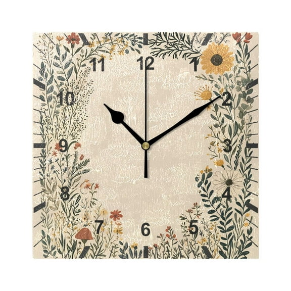 Beautiful Wildflowers Frame Wall Clock Battery Operated Silent Non-Ticking Bedroom Office Kitchen Home School Decor 7.8"(Black)