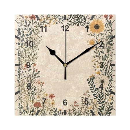 Beautiful Wildflowers Frame Wall Clock Battery Operated Silent Non-Ticking Bedroom Office Kitchen Home School Decor 7.8(Black)