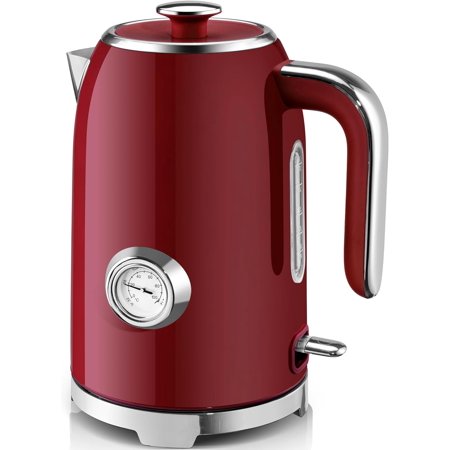 57oz Red Electric Kettle – Tea Water Boiler, 1500W Fast Heat, Stainless Steel w/Thermometer