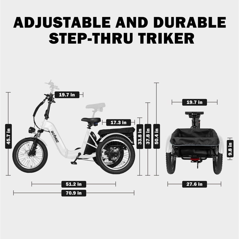 ACTBEST Electric Tricycle for Adults, 750W Motor 48V 15.6Ah Battery, 20" x 3.0" Fat Tire 3-Wheel Electric Bicycle, 7-Speed Step-Thru Electric Trike with Dual Suspension (White) with Mirror