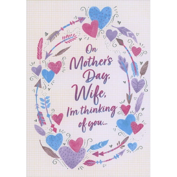 Designer Greetings Pink and Blue Hearts, Arrows and Feathers in Oval Pattern Mother's Day Card for Wife