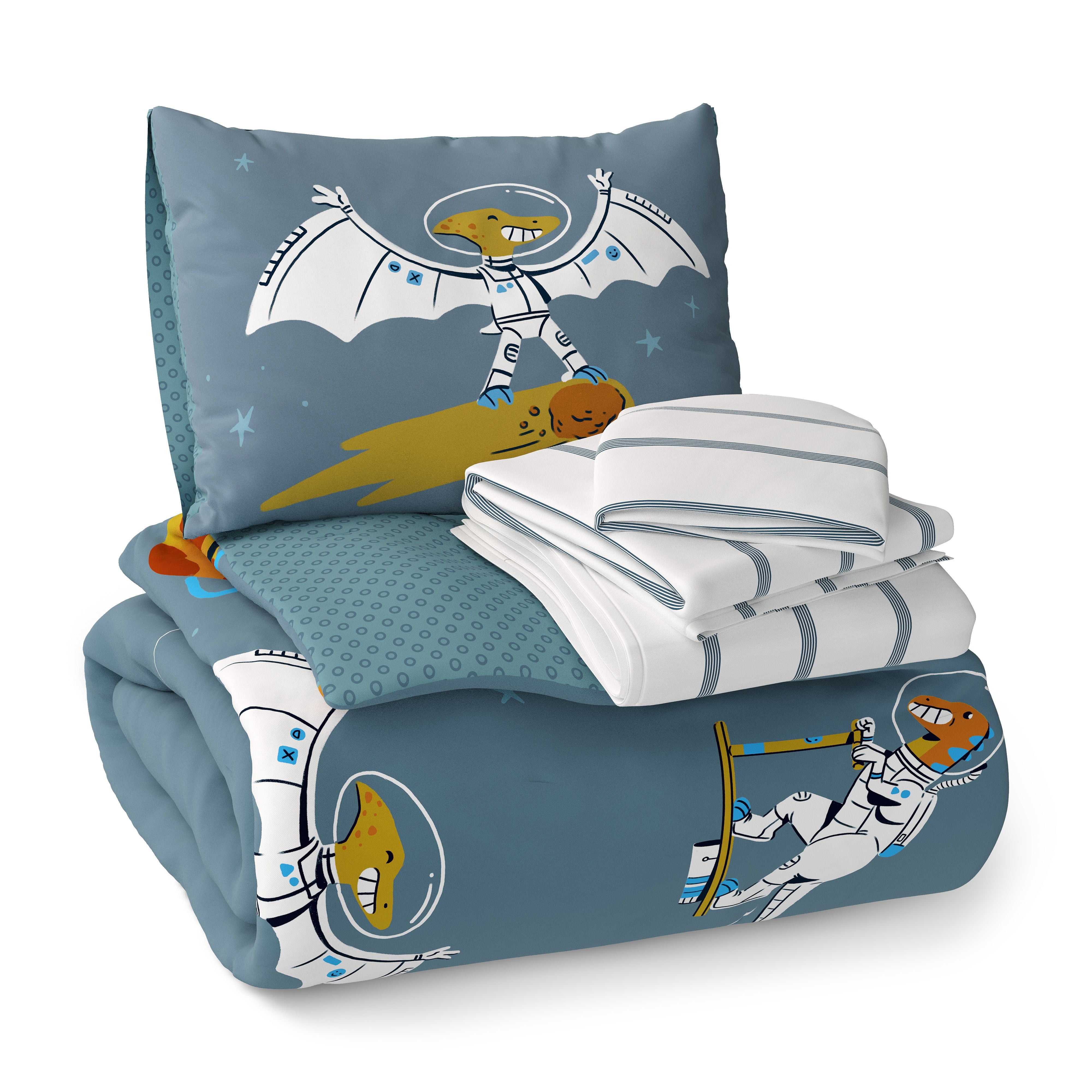 Mainstays Kids Glow in the Dark Space Dino Reversible Comforter Set with Sheets, Twin, 5 Pieces