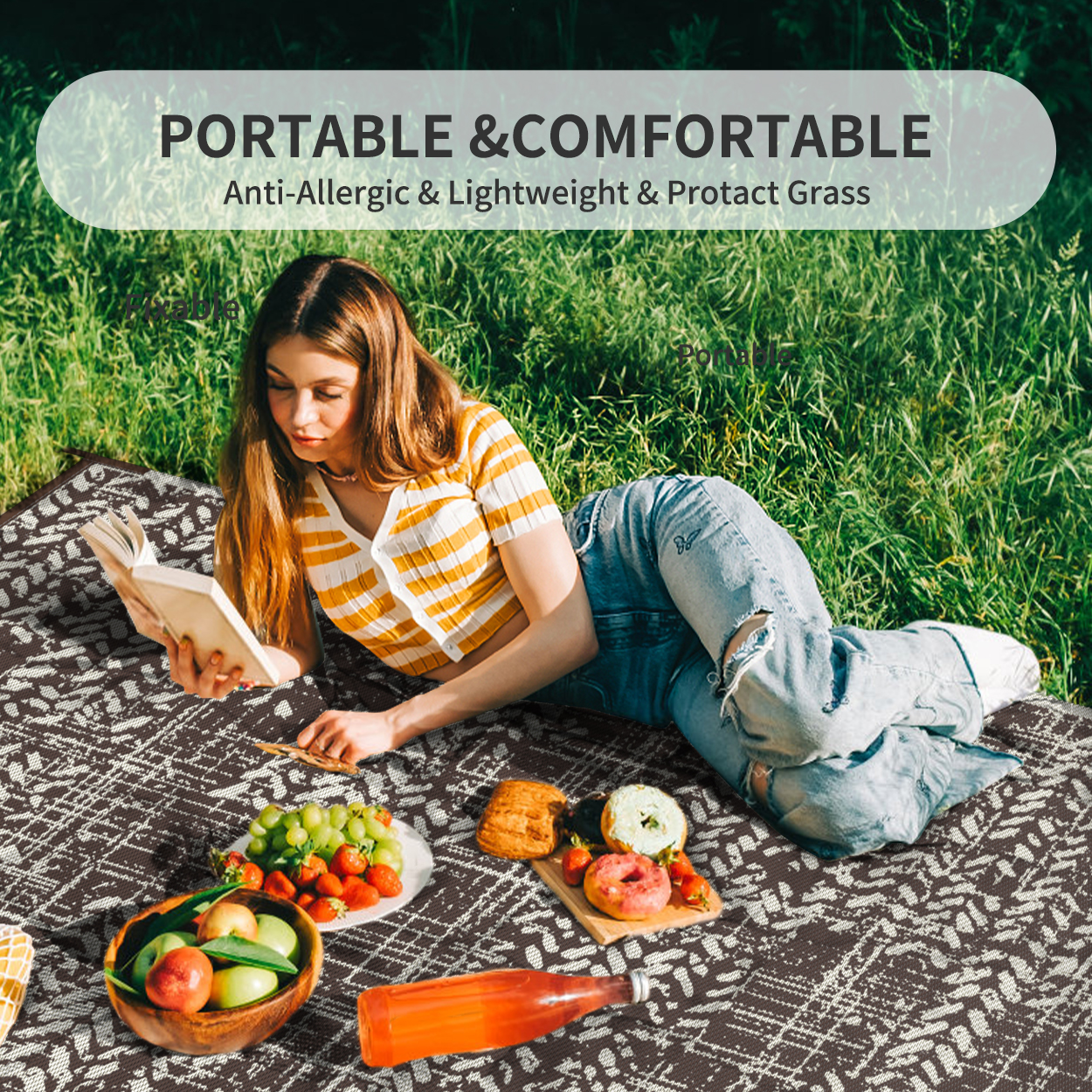Vunate 5'x8' Waterproof Reversible Outdoor Rug, Brown photo 4