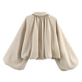 thumbnail image 4 of Lutiedan Cropped Zip Up Jacket for Women Lapel Puff Long Sleeve Pleated Coat Casual Baggy Trendy Colid Color Outerwear,Khaki,M, 4 of 6