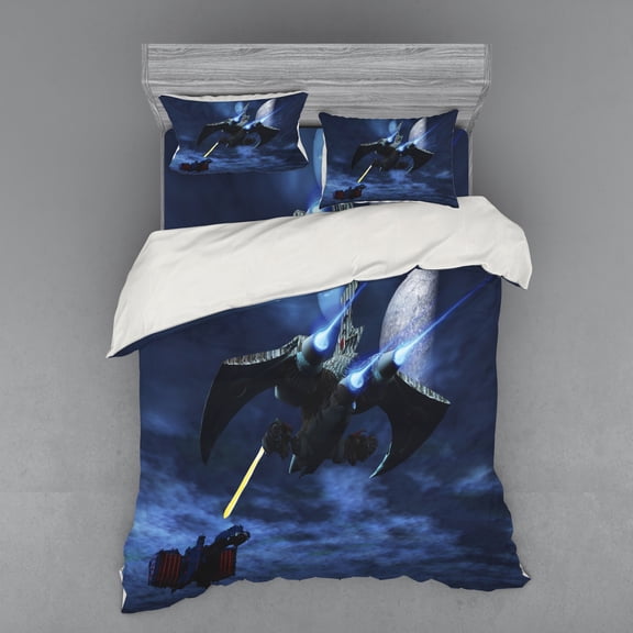 Galaxy Duvet Cover Set, Spaceship Blasts a Laser Beam an Enemy Alien Ship Galaxy Clash Outer Space Pattern, Bedding Set with Shams and Fitted Sheet, 3 Sizes, by Ambesonne