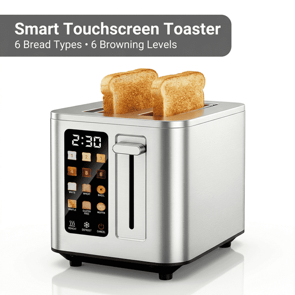 Digital 2 Slice Toaster TAZTIR, Stainless Steel Touchscreen Bread Toaster with LED Countdown Timer, 1.5" Extra Wide Slots, 6 Bread Types & 6 Shade Settings, Defrost/Reheat/Cancel Functions, Silver
