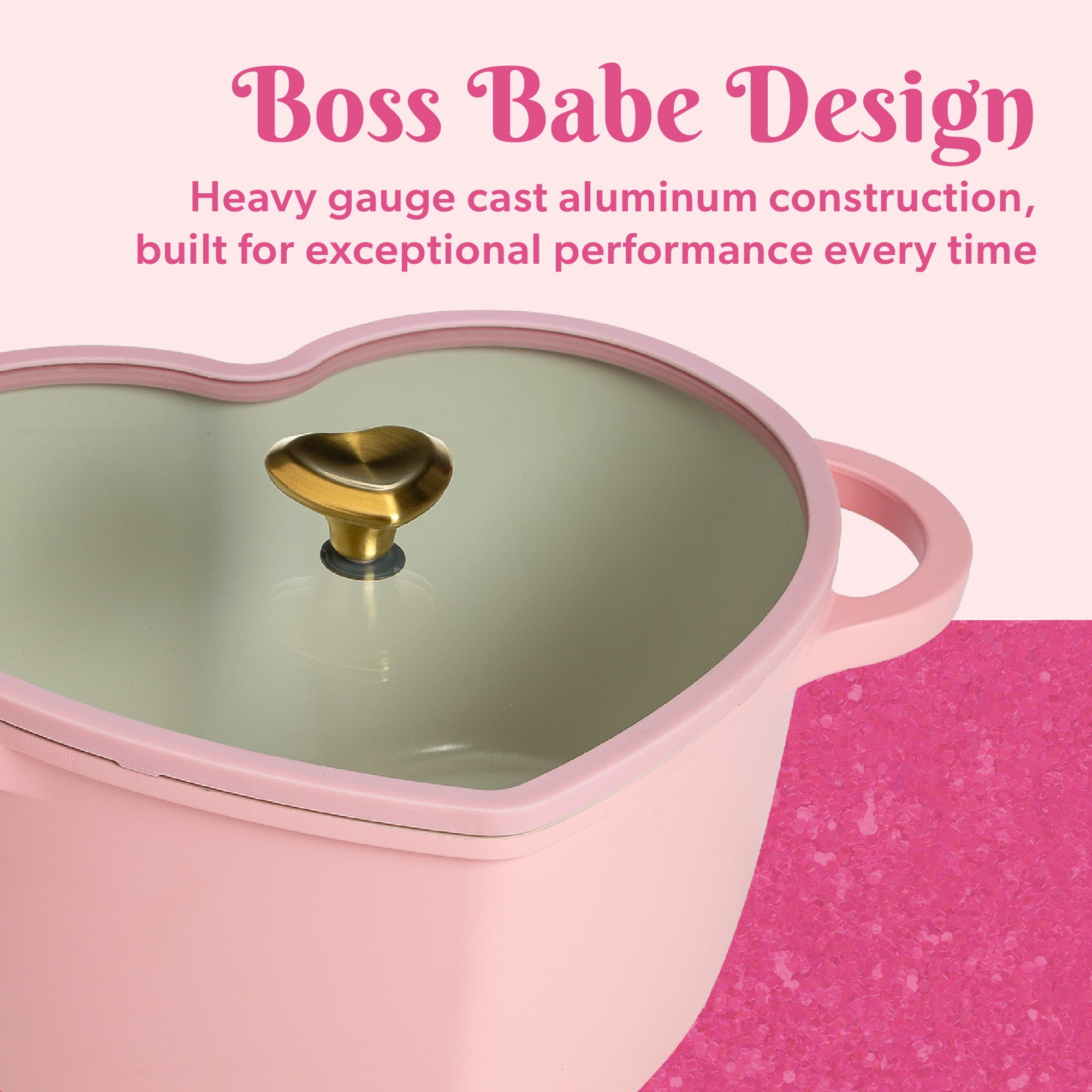 Paris Hilton 4.6 Quart Heart-Shaped Dutch Oven Pot with Lid, Clean Ceramic™ Nonstick Coating & Silicone Rim Glass Lid, Pink