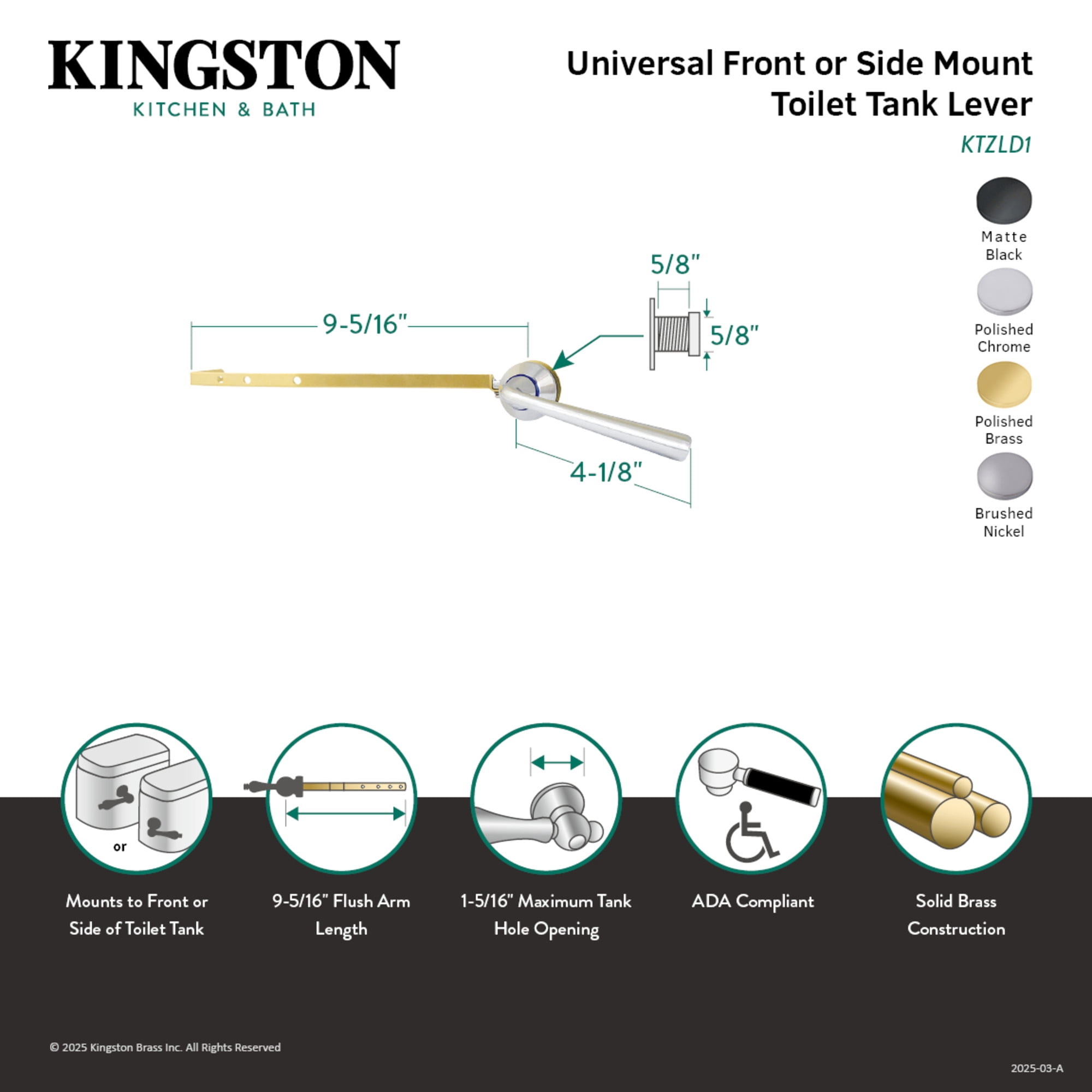 Kingston Brass KTZLD8 Silver Sage Universal Front or Side Mount Toilet Tank Lever in Brushed Nickel