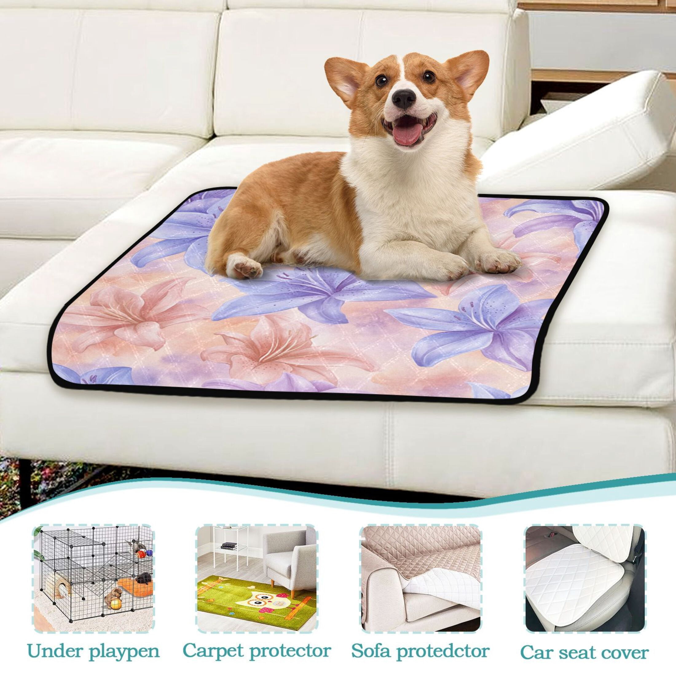 Qxltty Lavender Tones Depicting Blooming Lilies Cat litter Pads Pet Set of 2 Diaper Mats Center Anti-leakage Layer Absorbent Soft and Comfortable