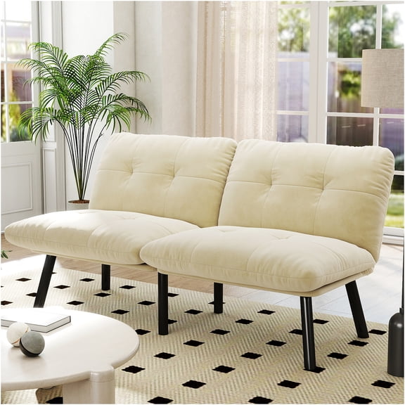 JERFIT Modern Convertible Sofa Bed for Small Spaces, Cream Velvet 2-Seater Sleeper with Adjustable Back, Upholstered Futon Couch for Living Room, Apartment