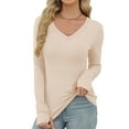 thumbnail image 7 of Lenpel Long Sleeve Shirts for Women V Neck Ribbed Knit Slim T-Shirts Tight Tunic Blouses Going out Tops with Thumb Holes(Beige,XX-Large), 7 of 7