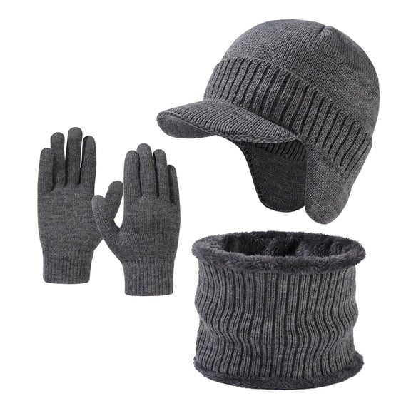 PuSpu Men's Thick Warm Knitted Hat Scarf Gloves Three Piece Set Outdoor Commuting With Fleece And Warm Touch Screen Gloves