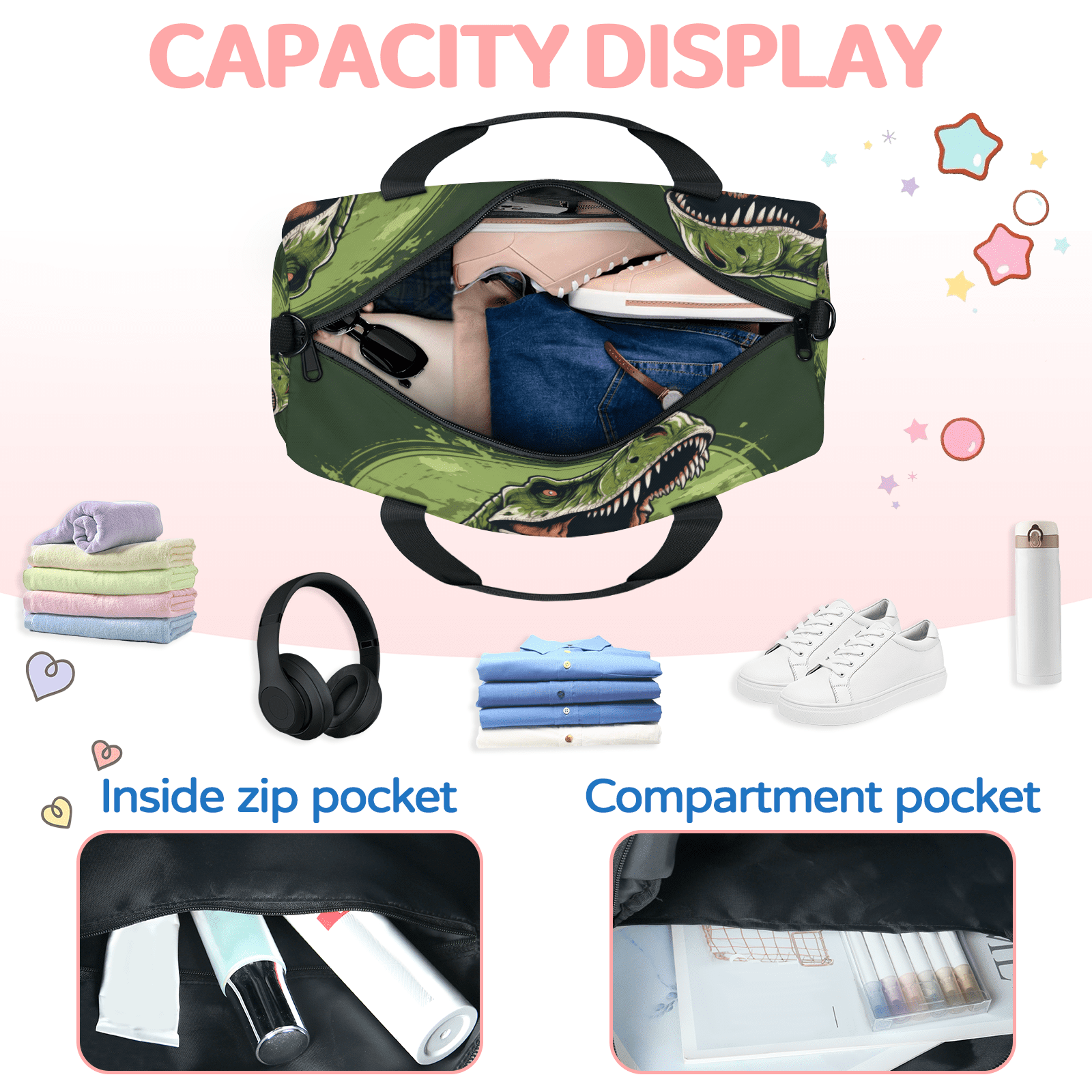 Herdesigns Dinosaur Travel Duffle Bag Sports Yoga Weekender Overnight Carry on Workout Bags Lightweight Waterproof Gym Tote Bag for Women