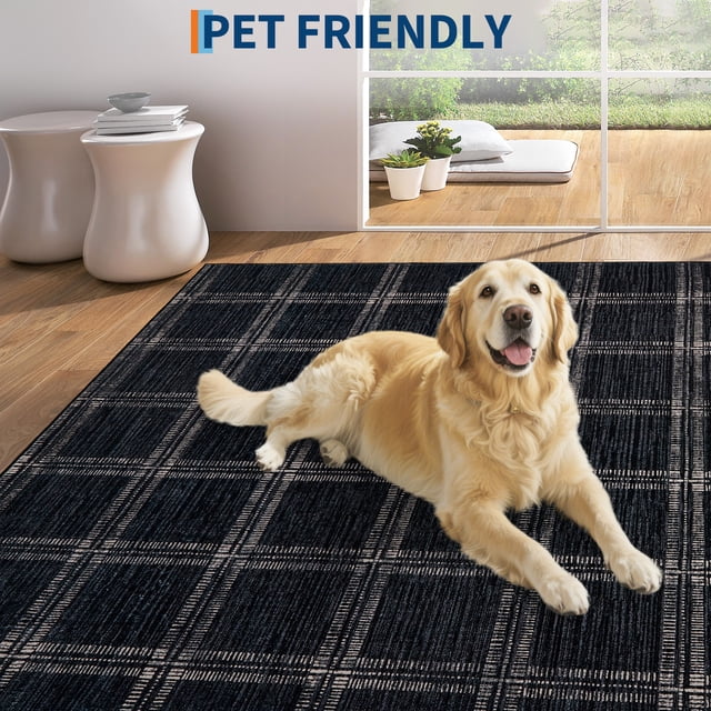Washable Checkered Area Rug, Ultra Thin Soft Non Slip Geometric Rug for Living Room Bedroom, Stain Resistant Low Pile Modern Indoor Carpet, Multiple Sizes 2×6 to 10×13 ft, Black Green Camel