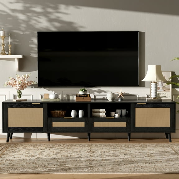 GZXS Rattan TV Stand for TVs up to 85", Modern Farmhouse Media Console with Storage Cabinets & 2 Drawers & Solid Wood Legs, Black TV Cabinet for Living Room