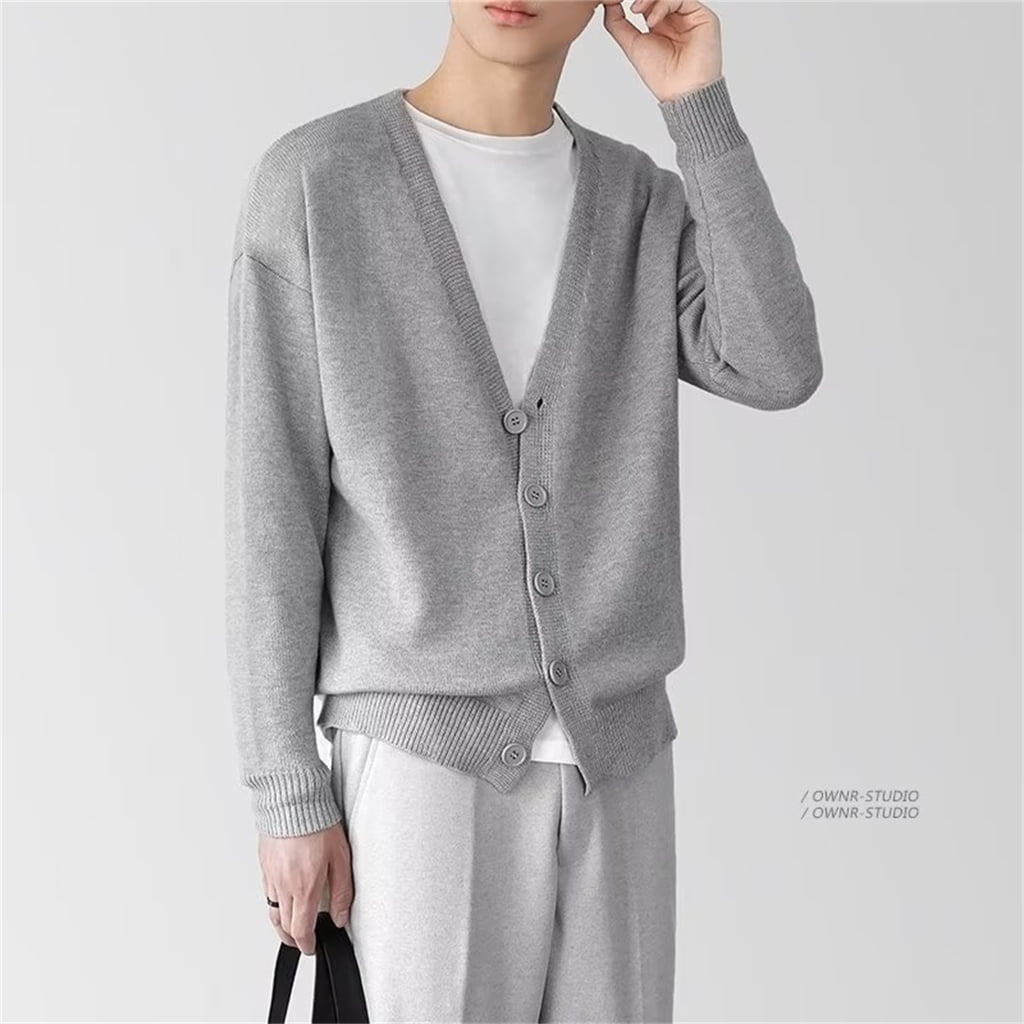 Mens Cable Knit Cardigan Sweater V-neck Loose Fit Long Sleeve
