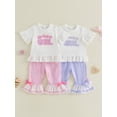 thumbnail image 3 of BemeyourBBs Toddler Baby Girl Birthday Outfit 1 2 3 4 5 Years Old Birthday Summer Clothes Baby Girls Ruffled Short Sleeve Crew Neck Letters T-shirt with Plaid Flare Pants Set, 3 of 9