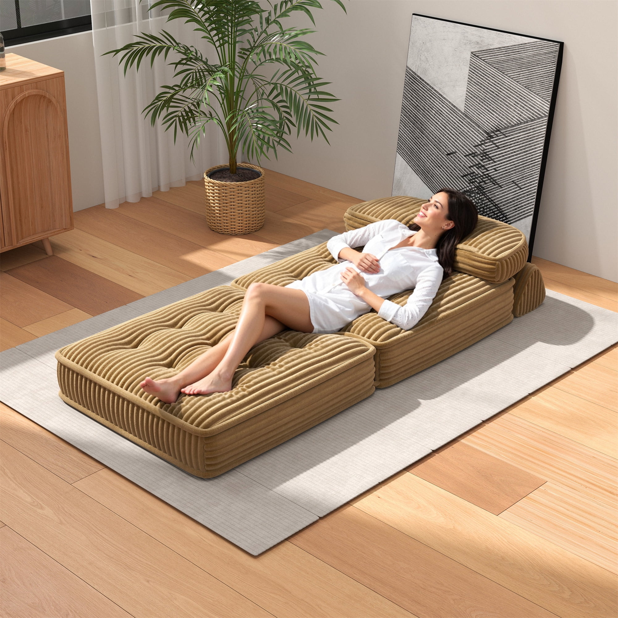 Aukfa Tufted Futon Convertible Folding Sofa Bed with Back Support, Twin Size, Corduroy, Brown